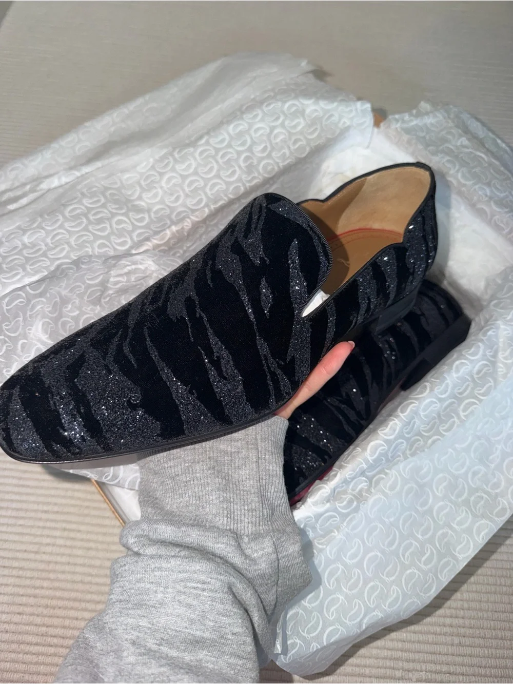 Christian Louboutin Black Glitter Zebra-Pattern Slip-On Loafers
